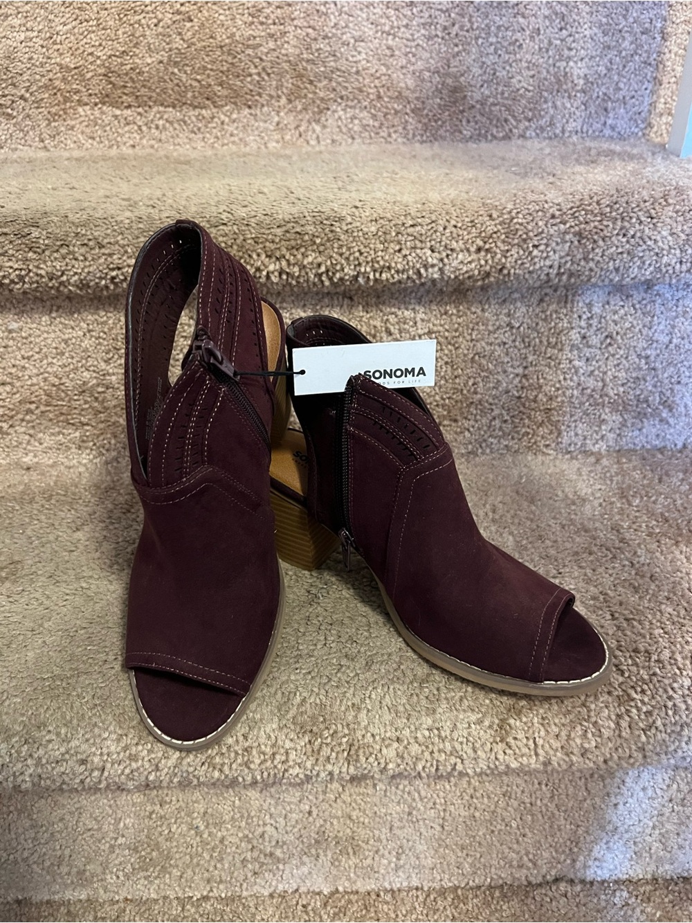 SONOMA Burgundy Open-Toe Block Heel Booties